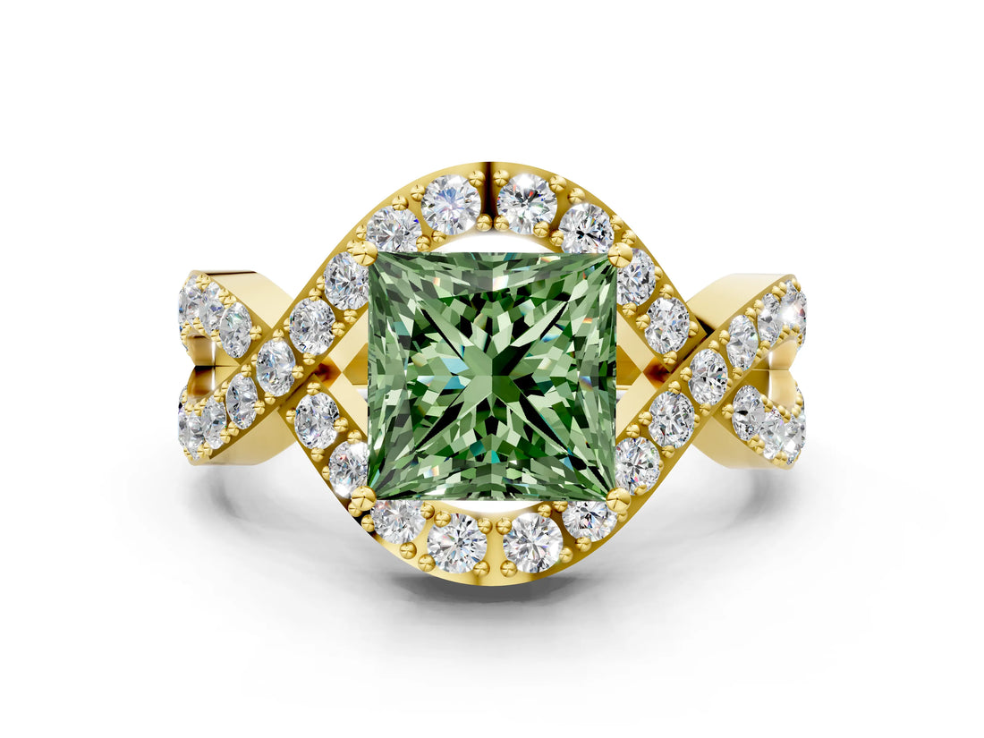 Yellow gold Fancy Green Princess  Solitaire Twist Band Pavé Diamond Engagement Ring_32
