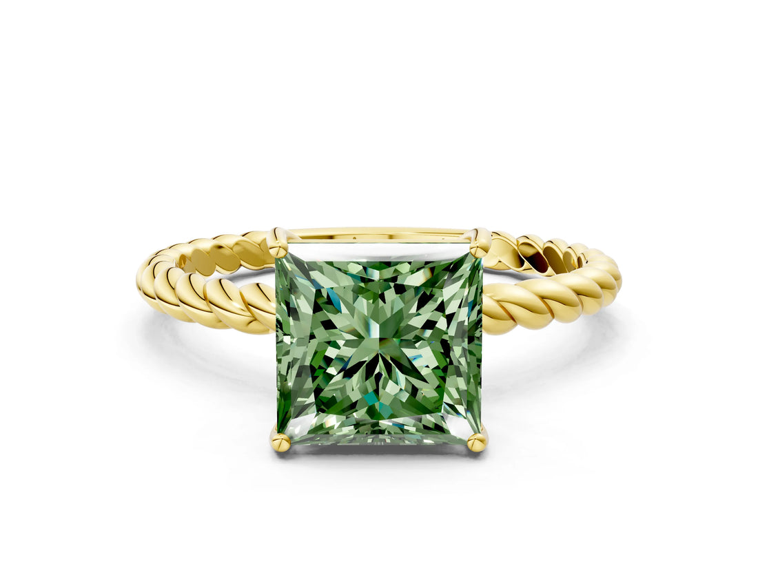 Yellow gold Fancy Green Princess  Solitaire Twist Band Ring with Four-Prong Setting_65