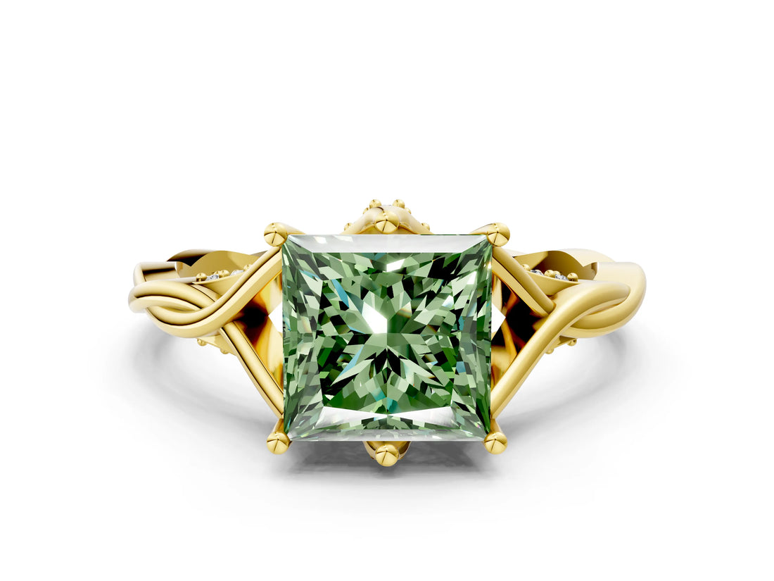 Yellow gold Fancy Green Princess  Solitaire Twist Band Six-Prong Setting