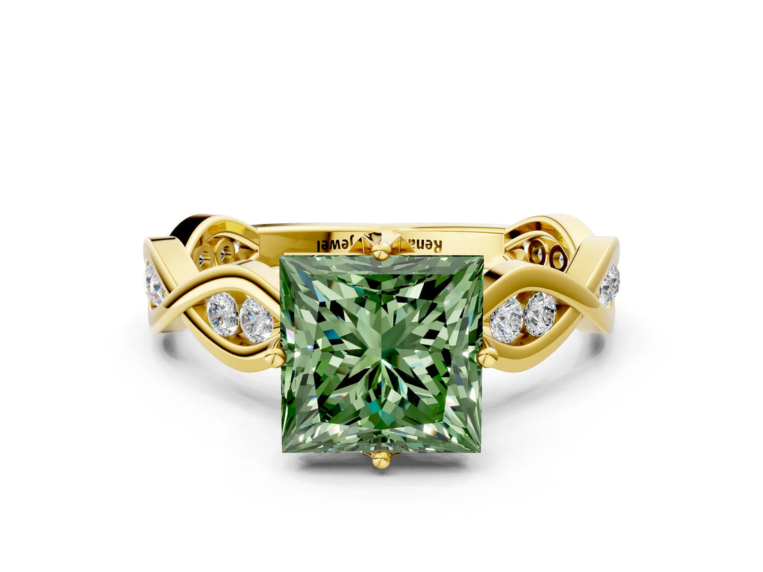 Yellow gold Fancy Green Princess  Solitaire Twist Band with Leaf Prong Setting 1