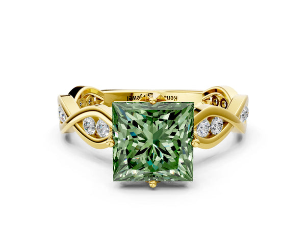 Yellow Gold Princess Cut Accented Twist Engagement Ring Setting for Fancy Green Center