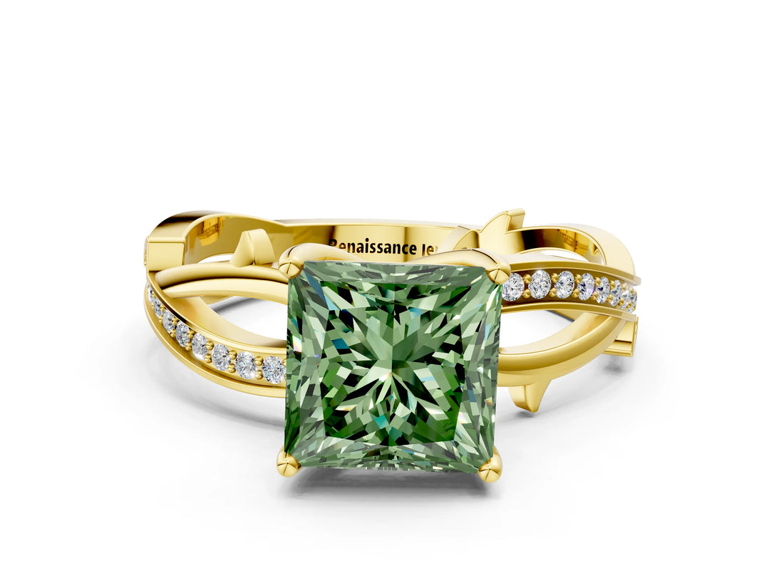 Yellow gold Fancy Green Princess  Solitaire Twist Band with Pavé Accents and Four-Prong Setting_20