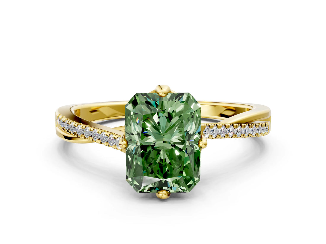 Yellow gold Fancy Green Princess  Solitaire Twist Band with Pavé Diamonds and Four-Prong Setting_46