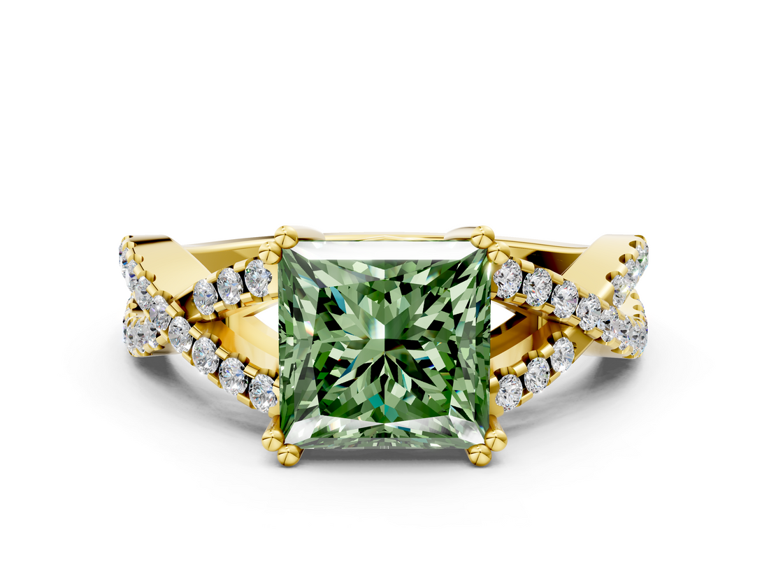 Yellow gold Fancy Green Princess  Solitaire Twist Band with Pavé Setting and Four-Prong Setting