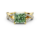 Yellow gold Fancy Green Princess  Solitaire Twist Band with Pavé Setting and Four-Prong Setting