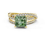 Yellow gold Fancy Green Princess  Solitaire Twist Band with Pavé Setting and Four-Prong Setting