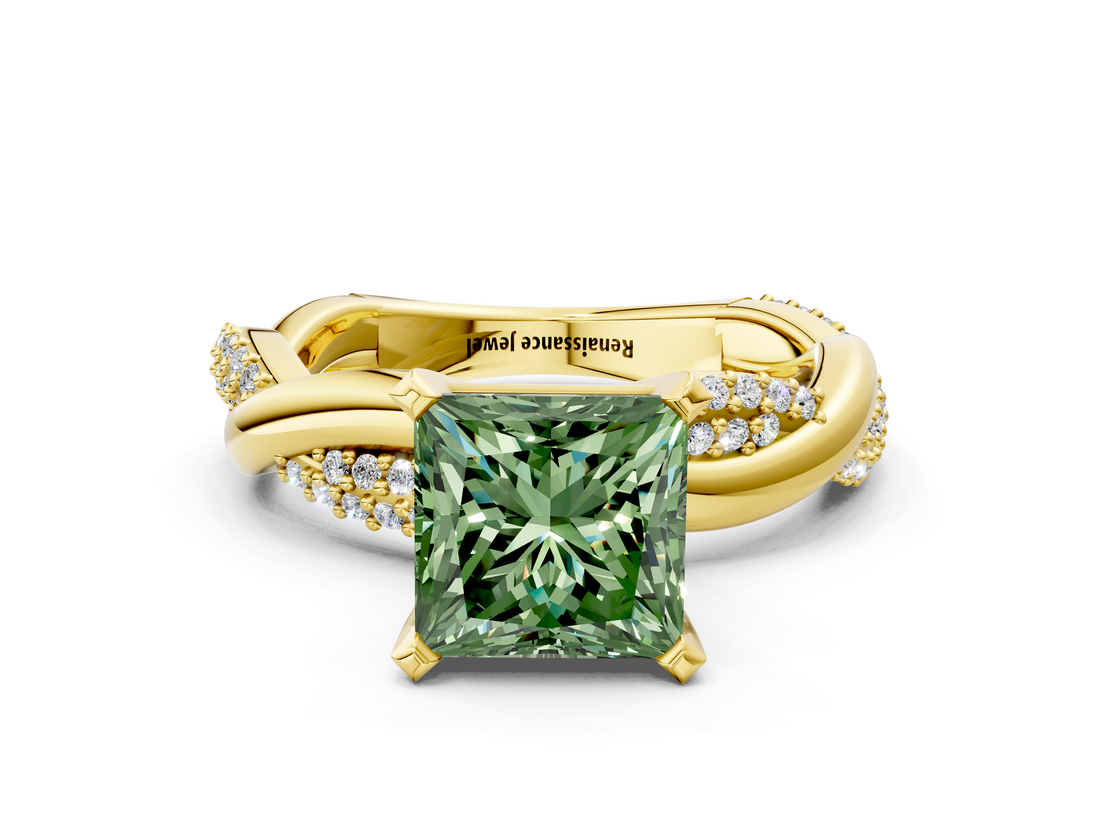 Yellow gold Fancy Green Princess  Solitaire Twist Band with Pave Prong Setting