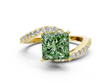 Yellow gold Fancy Green Princess  Solitaire Twist Band with Pave Set Diamonds and Four-Prong Setting