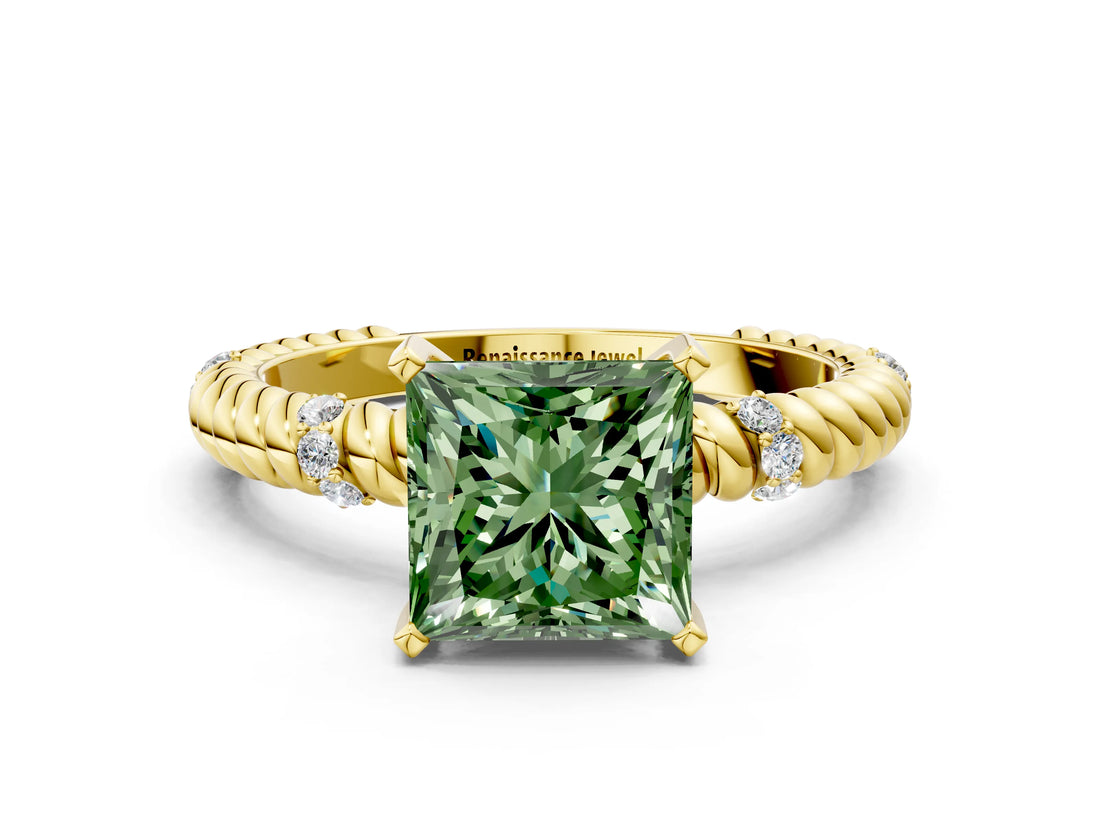 Yellow gold Fancy Green Princess  Solitaire Twisted Band Prong Set Engagement Ring_48