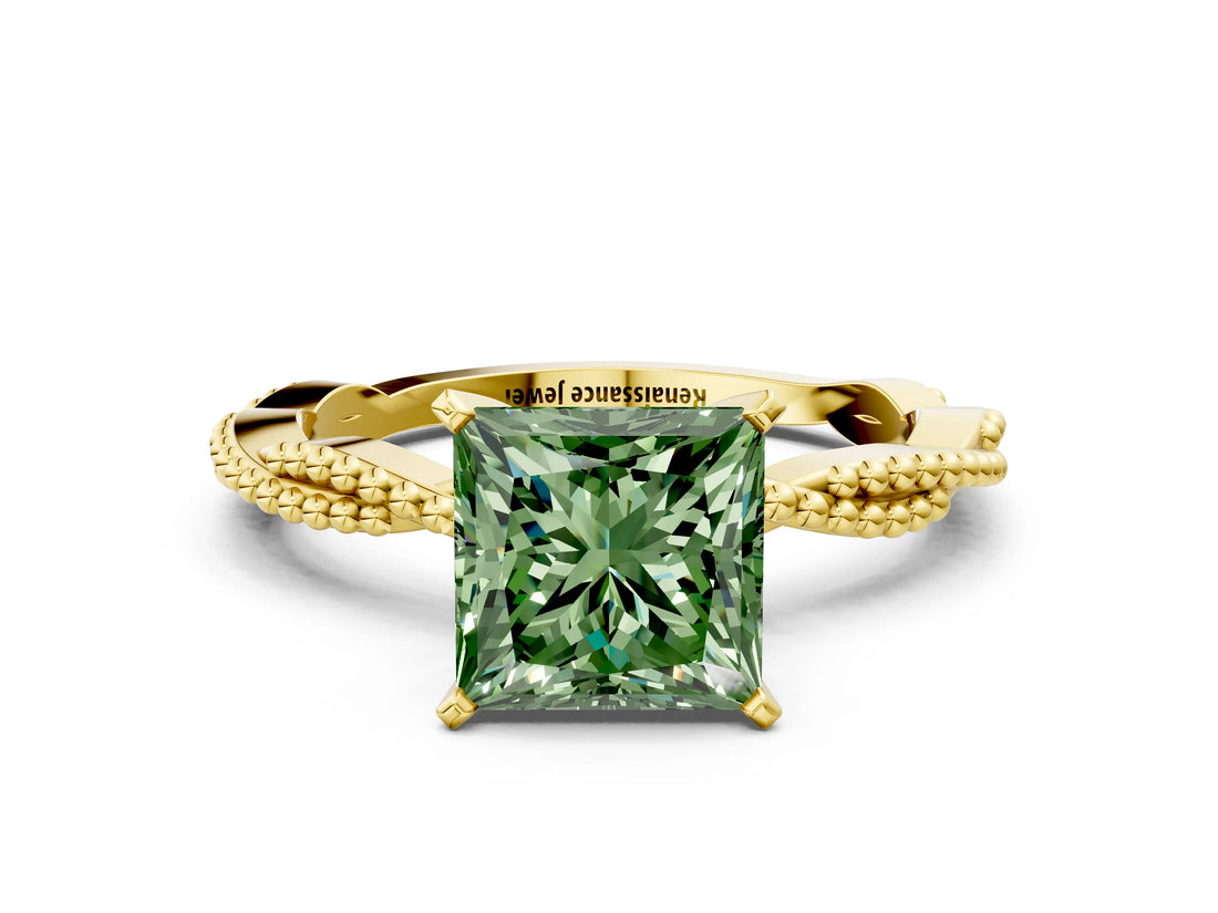 Yellow gold Fancy Green Princess  Solitaire Twisted Band with Bead Prong Setting_29