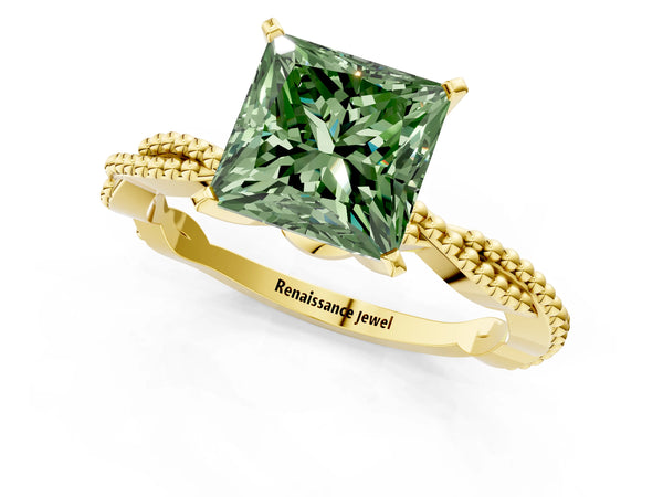 Yellow gold Fancy Green Princess  Solitaire Twisted Band with Bead Prong Setting