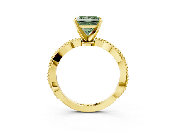 Yellow gold Fancy Green Princess  Solitaire Twisted Band with Bead Prong Setting