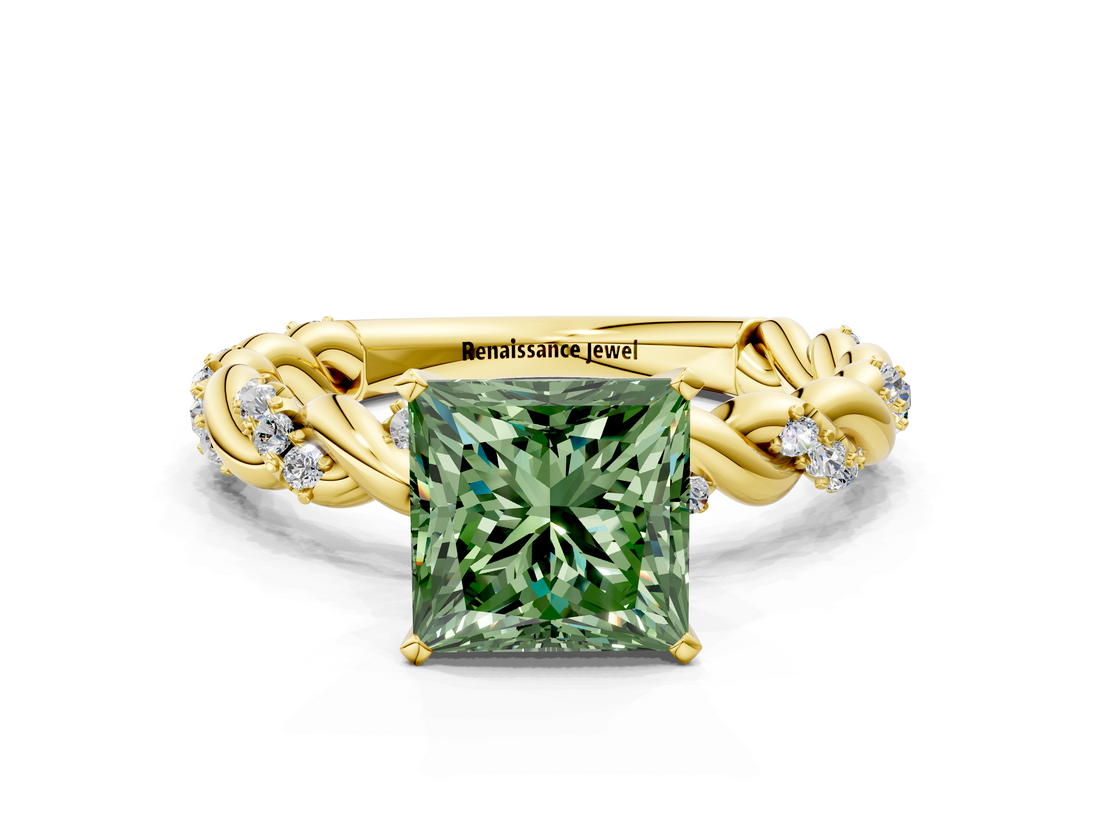 Yellow gold Fancy Green Princess  Solitaire Twisted Band with Pavé Accents and Four-Prong Setting