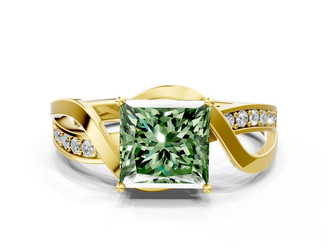 Yellow gold Fancy Green Princess  Solitaire Twisted Band with Prong Setting_3