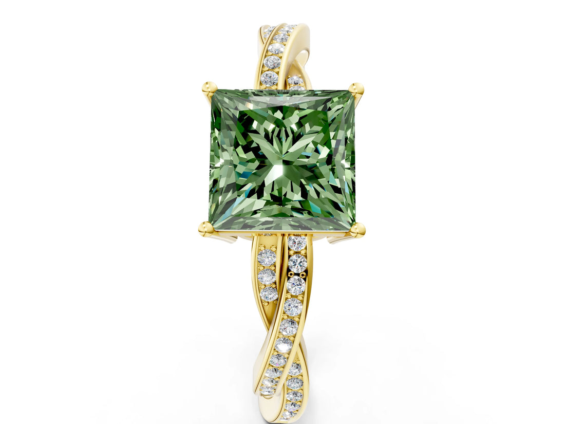 Yellow gold Fancy Green Princess  Solitaire Twisted Pave Diamond Ring with Four-Prong Setting_12