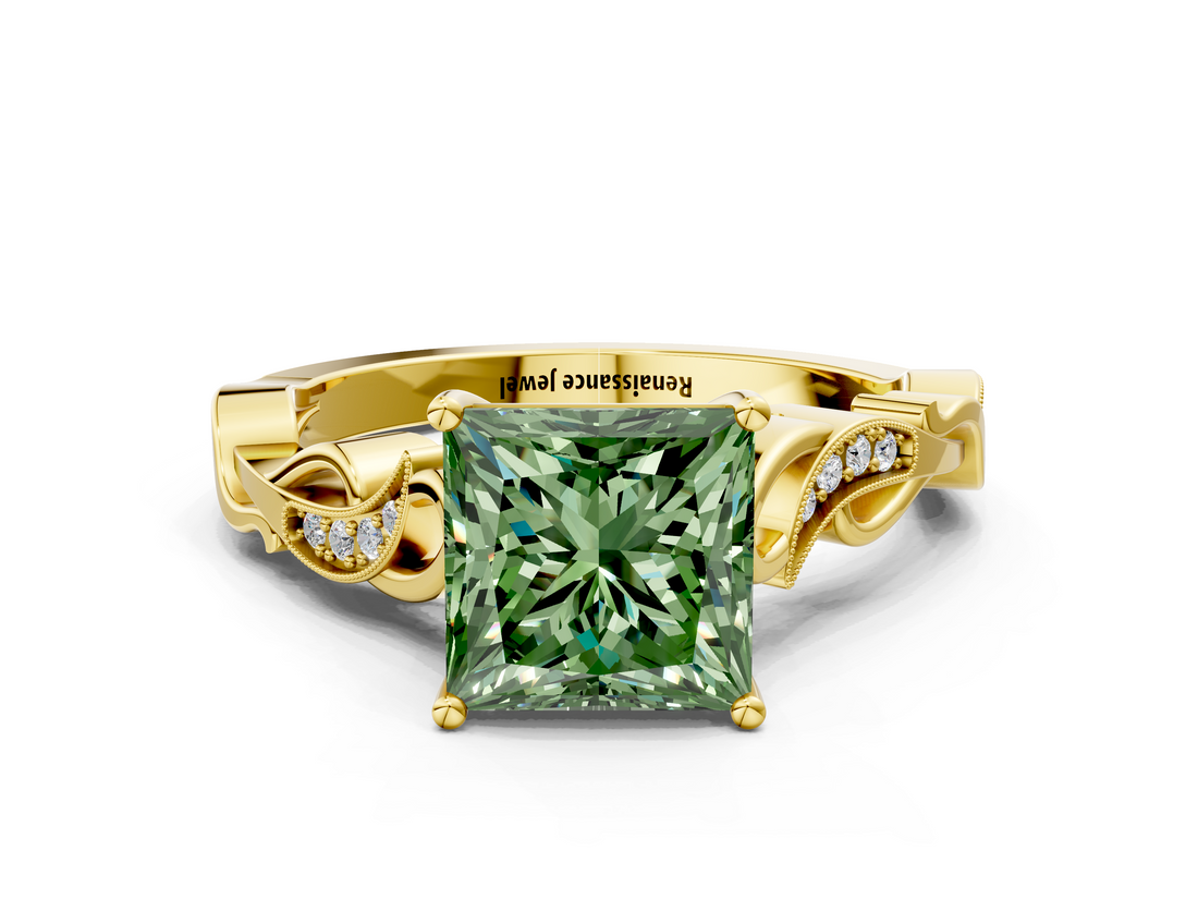 Yellow gold Fancy Green Princess  Solitaire Vine Band with Milgrain Prong Setting_3