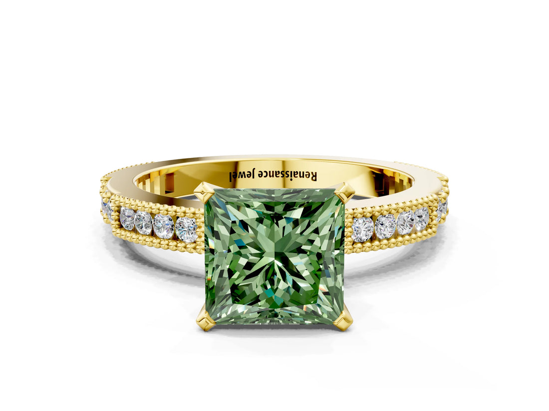 Yellow gold Fancy Green Princess  Solitaire with Pavé Band and Four-Prong Setting_29