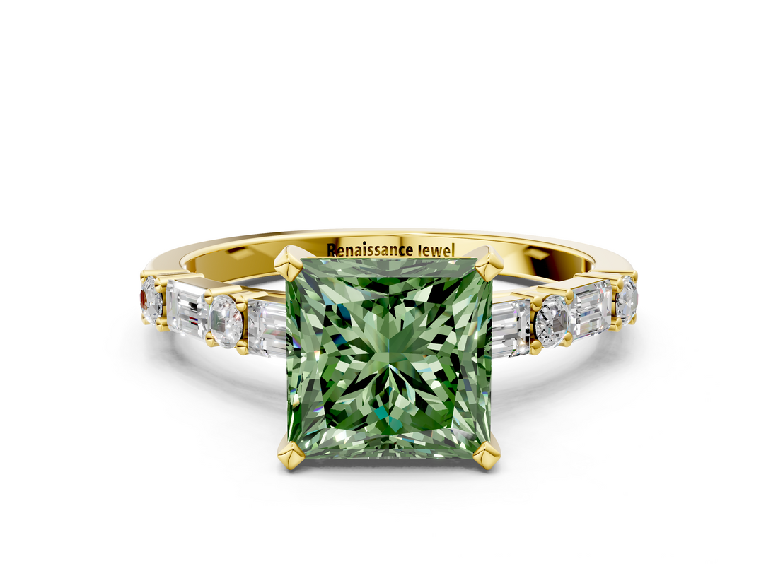 Yellow gold Fancy Green Princess  Solitaire with Side Baguettes and Channel Set Band