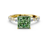 Yellow gold Fancy Green Princess  Solitaire with Side Stones on a Pavé Band and Four-Prong Setting
