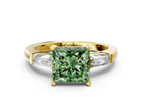 Yellow gold Fancy Green Princess  Solitaire with Tapered Baguette Side Stones on a Classic Band with Four-Prong Setting