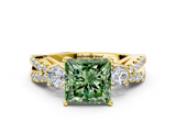 Yellow gold Fancy Green Princess  Three-Stone Diamond Ring with Pavé Split Shank and Four-Prong Setting