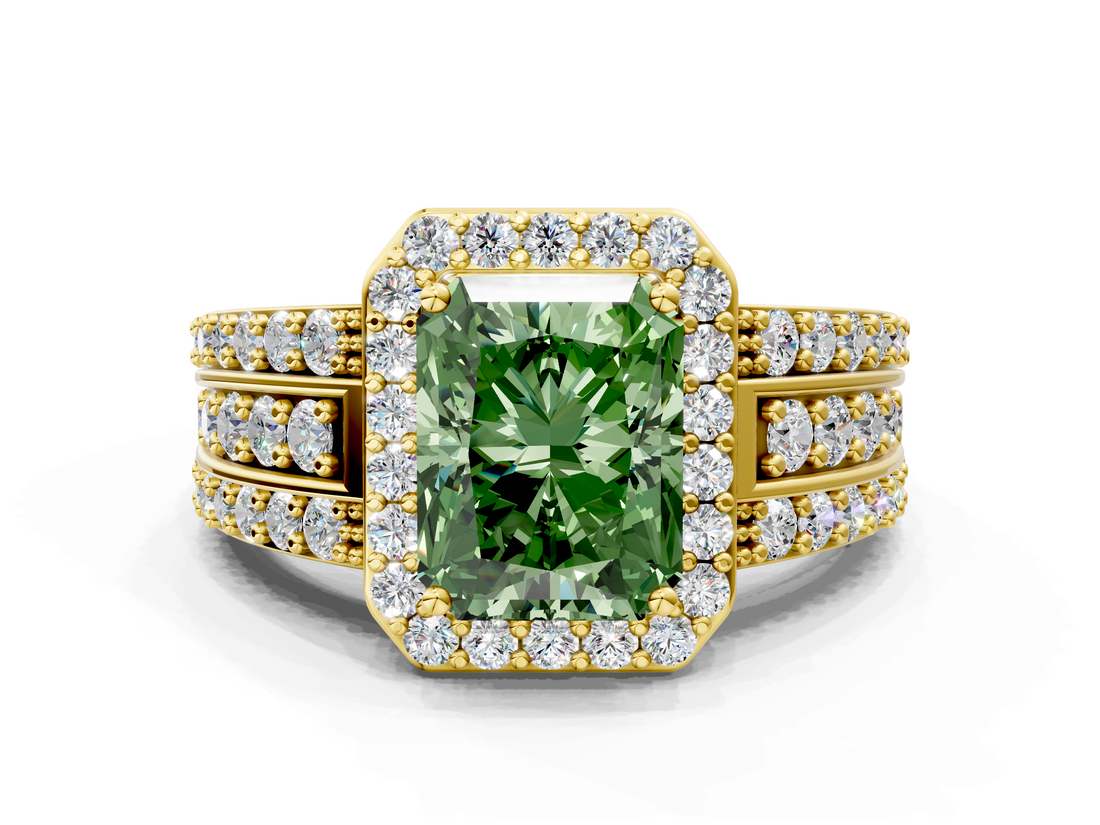 Yellow gold Fancy Green Radiant -Cut Halo Diamond Ring with Split Shank and Four-Prong Setting_85