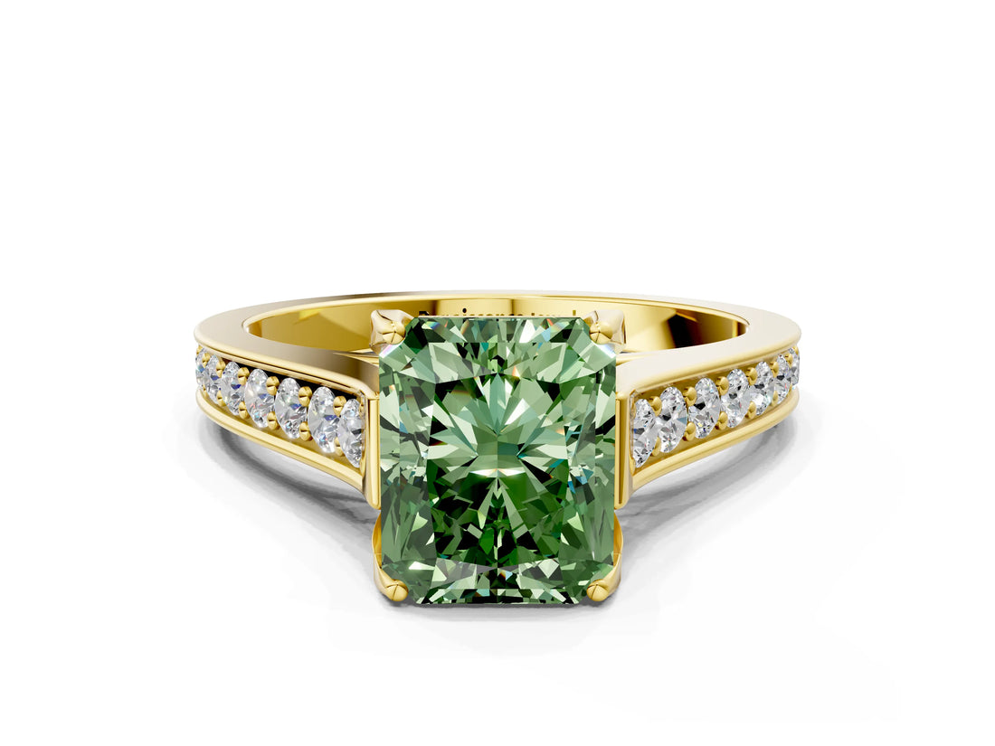 Yellow gold Fancy Green Radiant  Brilliant Cut Diamond Engagement Ring with Pavé Band and Four-Prong Setting_49