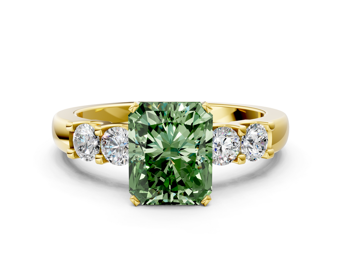 Yellow gold Fancy Green Radiant  Brilliant Cut Diamond Five-Stone Prong Set Engagement Ring with Channel Band_37