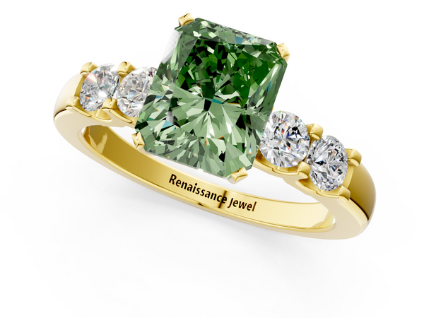 Yellow gold Fancy Green Radiant  Brilliant Cut Diamond Five-Stone Prong Set Engagement Ring with Channel Band