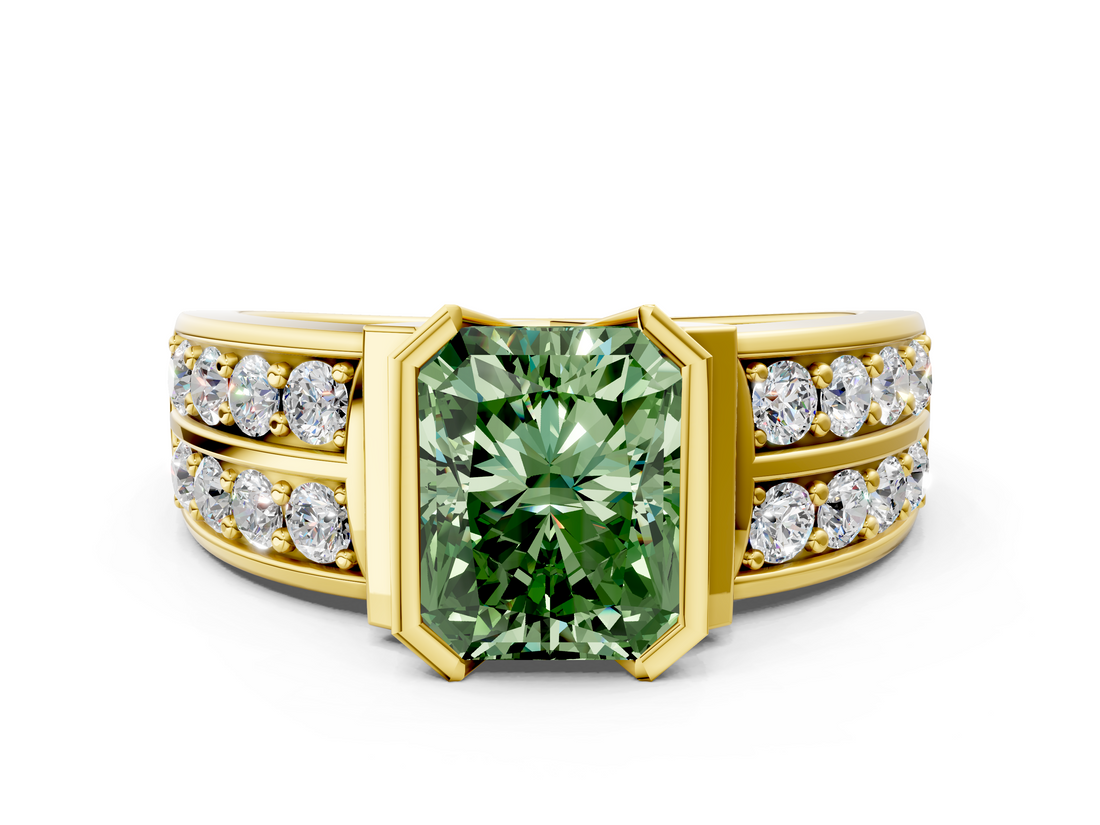 Yellow gold Fancy Green Radiant  Brilliant Diamond Channel Set Wide Band Ring with Bezel Setting_20