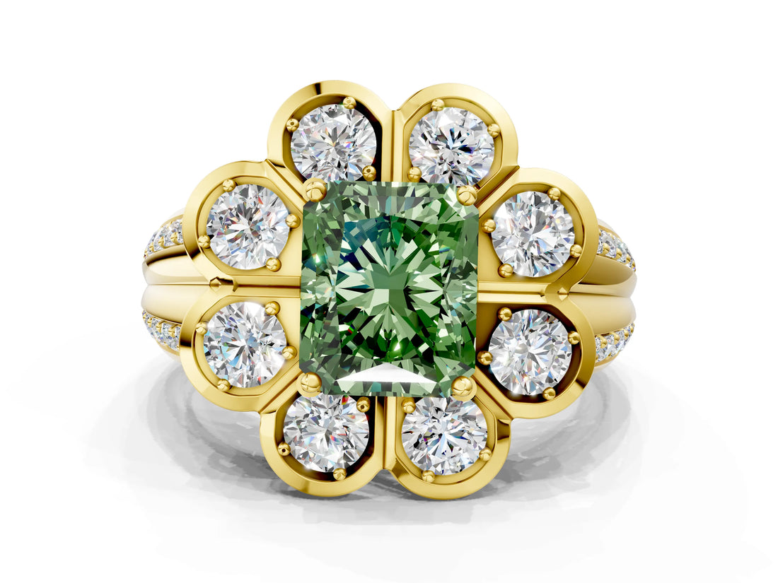 Yellow gold Fancy Green Radiant  Brilliant Flower Halo Diamond Split Shank Ring_135