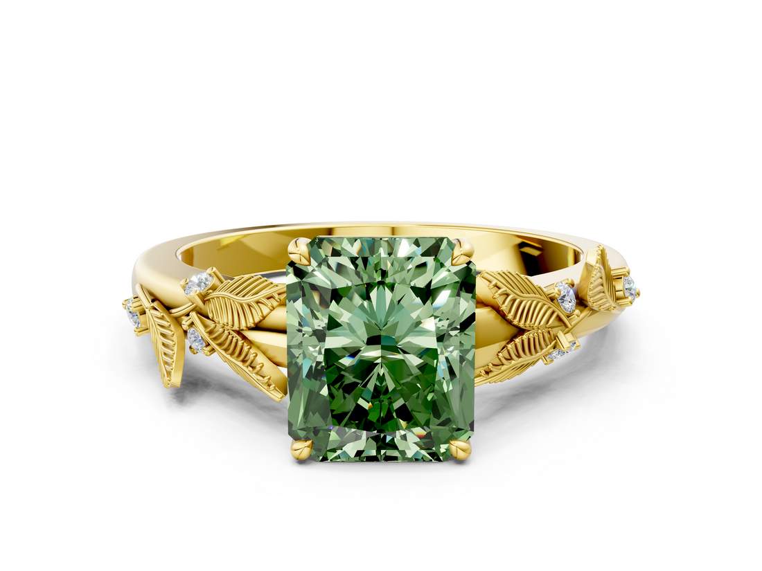 Yellow gold Fancy Green Radiant  Brilliant Solitaire with Leaf Motif Band and Four-Prong Setting_61