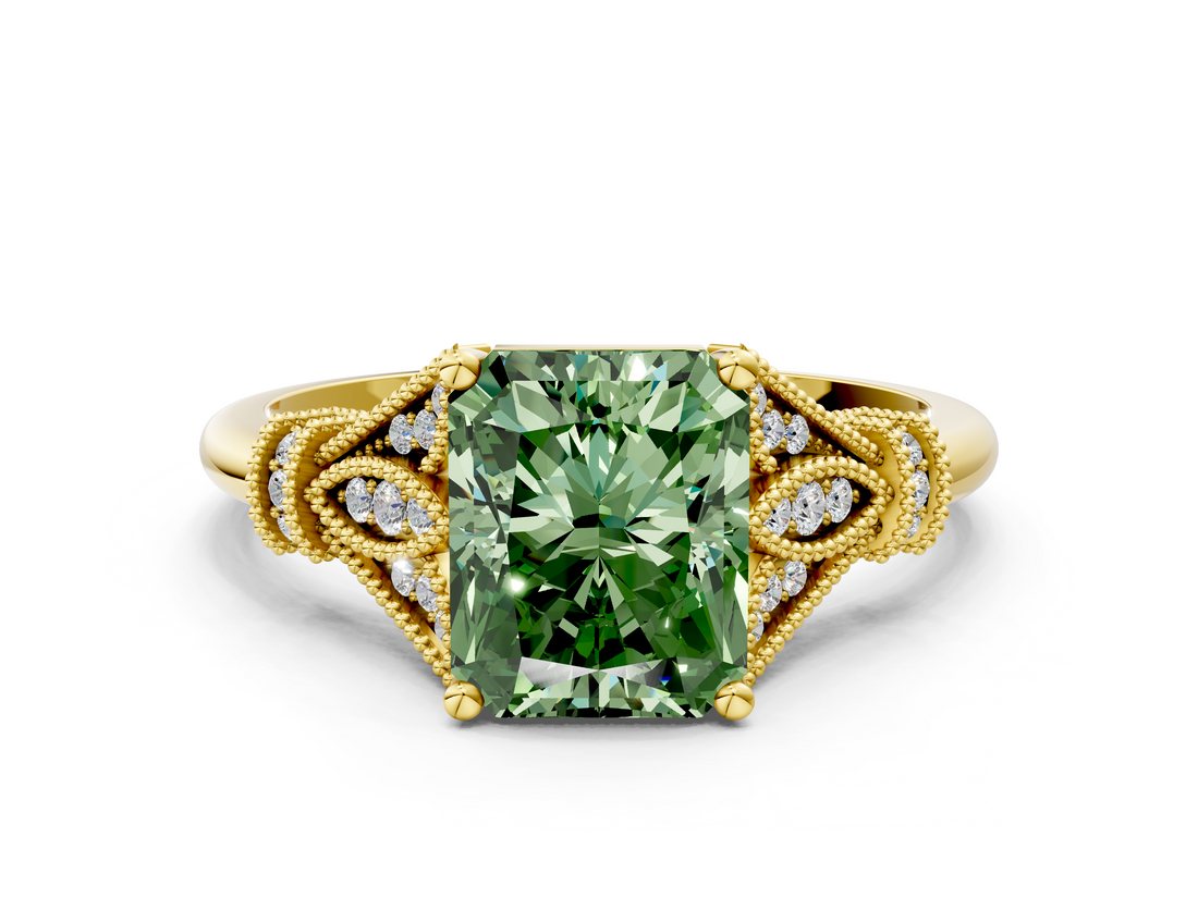Yellow gold Fancy Green Radiant  Brilliant Solitaire with Pave Band and Four-Prong Setting_20