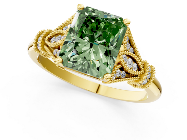 Yellow gold Fancy Green Radiant  Diamond Solitaire Ring with Floral Filigree and Pave Accents