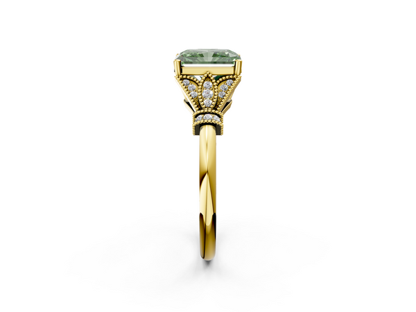 Yellow gold Fancy Green Radiant  Diamond Solitaire Ring with Floral Filigree and Pave Accents