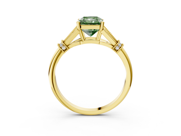 Yellow gold Fancy Green Radiant  Diamond Solitaire Ring with Floral Filigree and Pave Accents