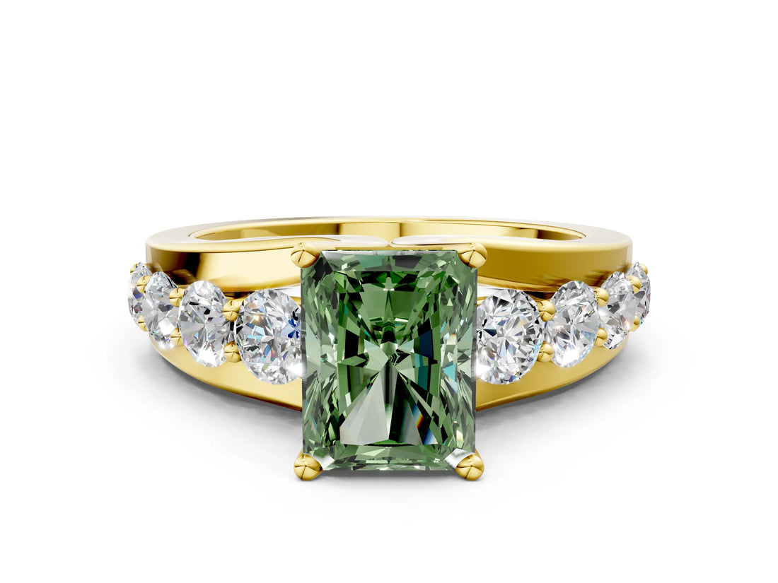 Yellow gold Fancy Green Radiant  Brilliant Solitaire with Side Stones on a Pave Band and Four-Prong Setting_24