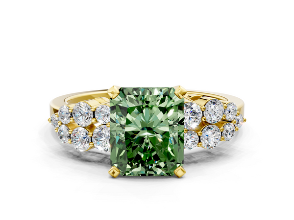 Yellow gold Fancy Green Radiant  Cluster Diamond Engagement Ring with Pavé Band and Four-Prong Setting