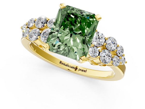 Yellow gold Fancy Green Radiant  Cluster Diamond Engagement Ring with Pavé Band and Four-Prong Setting