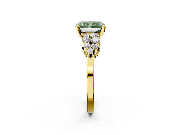 Yellow gold Fancy Green Radiant  Cluster Diamond Engagement Ring with Pavé Band and Four-Prong Setting