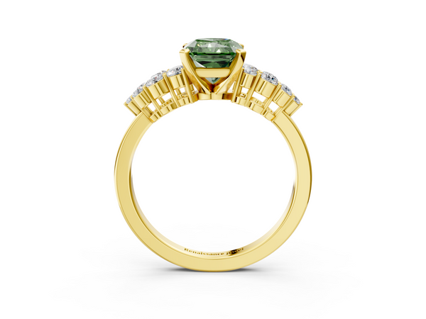 Yellow gold Fancy Green Radiant  Cluster Diamond Engagement Ring with Pavé Band and Four-Prong Setting