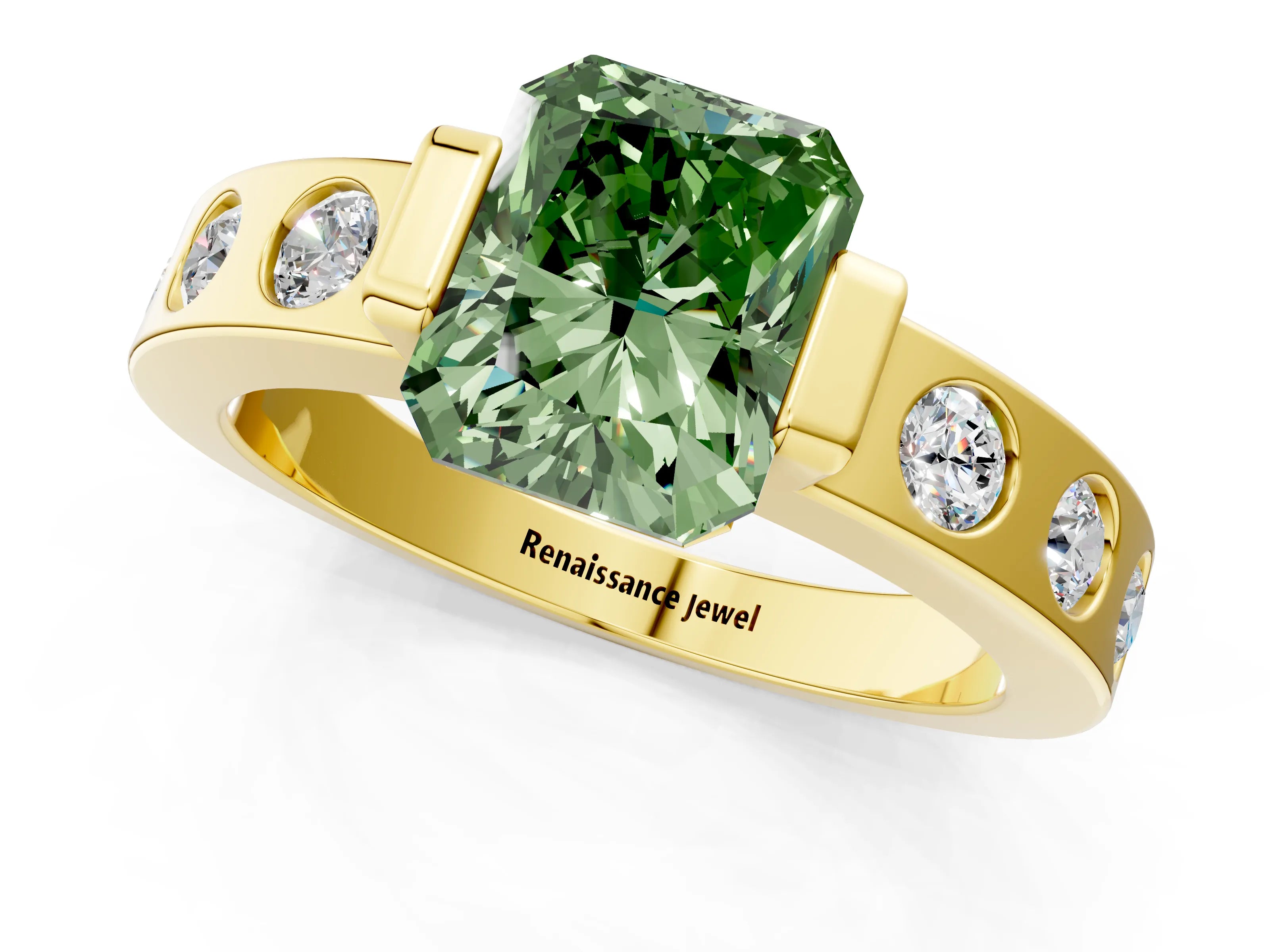 Yellow gold Fancy Green Radiant Cut Brilliant Channel-Set Diamond Ring with Bezel Prong Setting_1