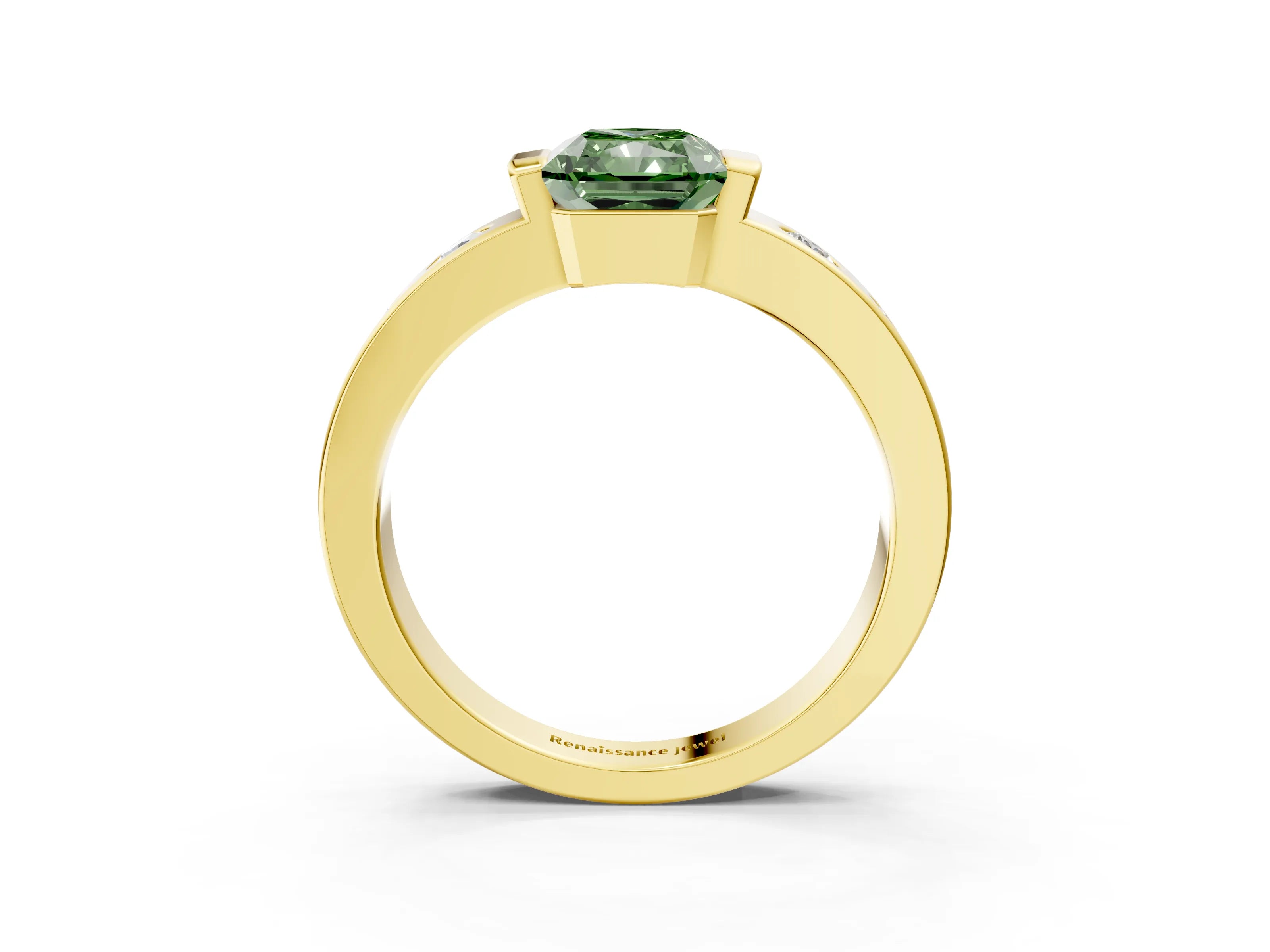 Yellow gold Fancy Green Radiant Cut Brilliant Channel-Set Diamond Ring with Bezel Prong Setting_3