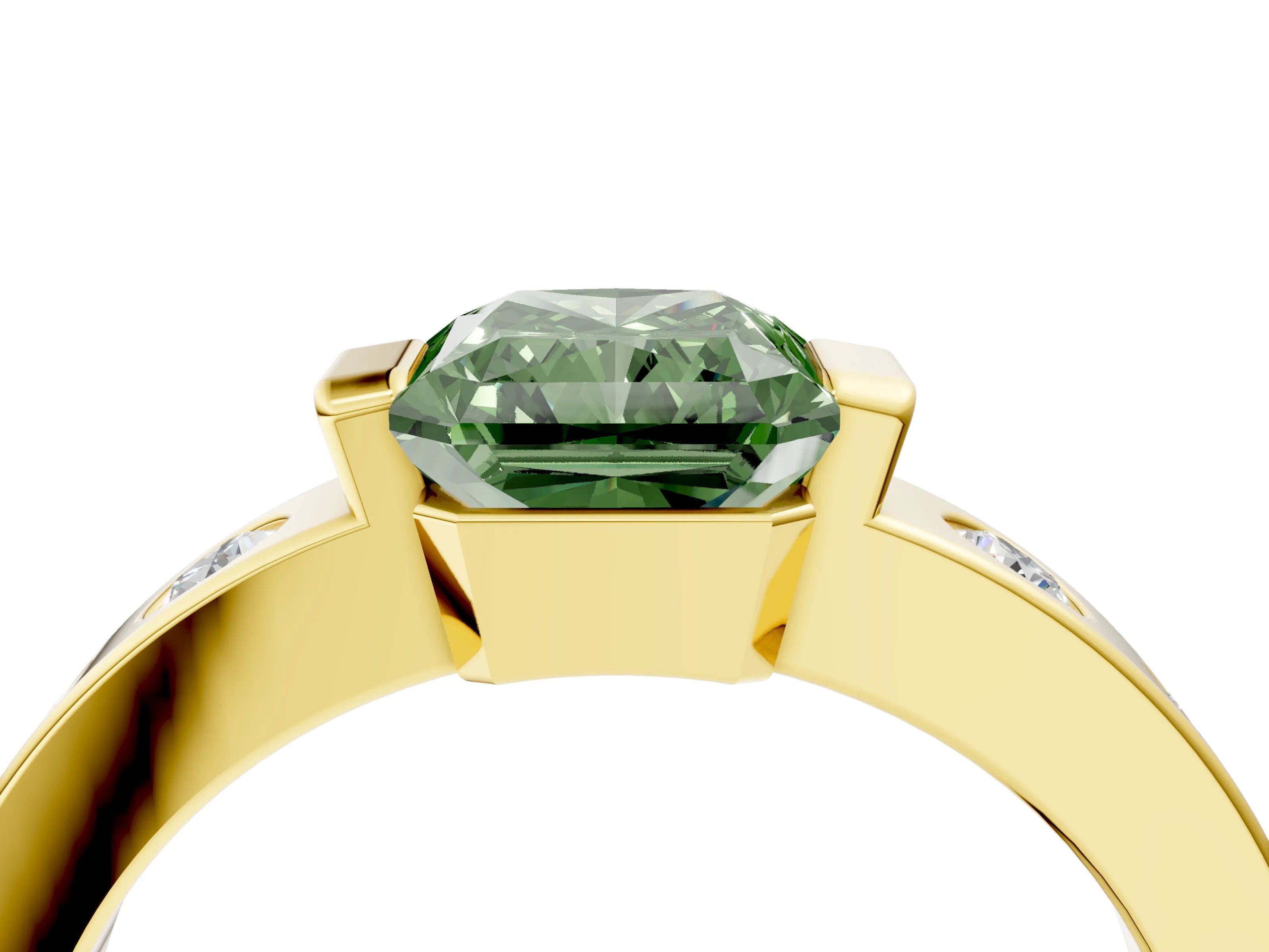 Yellow gold Fancy Green Radiant Cut Brilliant Channel-Set Diamond Ring with Bezel Prong Setting_4