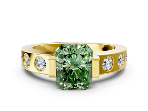 Yellow gold Fancy Green Radiant Cut Brilliant Channel-Set Diamond Ring with Bezel Prong Setting