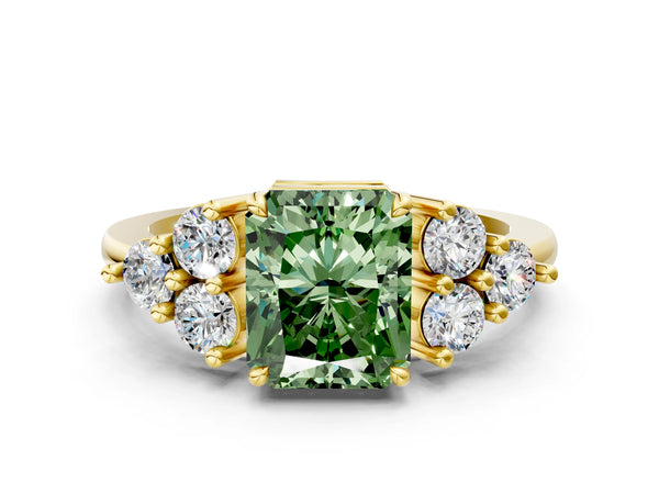 Yellow gold Fancy Green Radiant Cut Brilliant Diamond Cluster Accent Solitaire Ring with Prong Setting