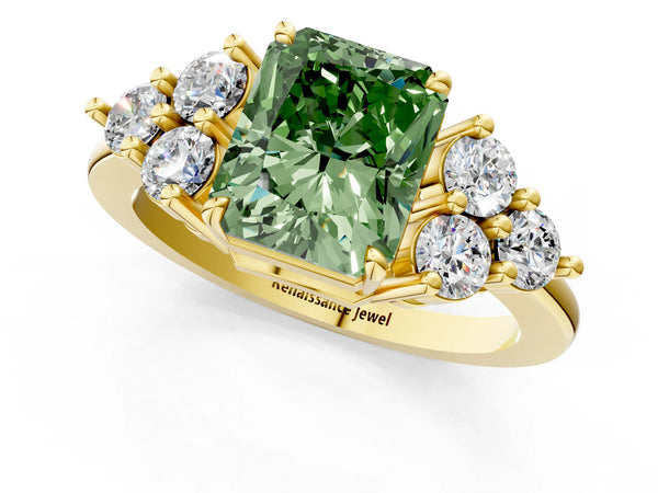 Yellow gold Fancy Green Radiant Cut Brilliant Diamond Cluster Accent Solitaire Ring with Prong Setting