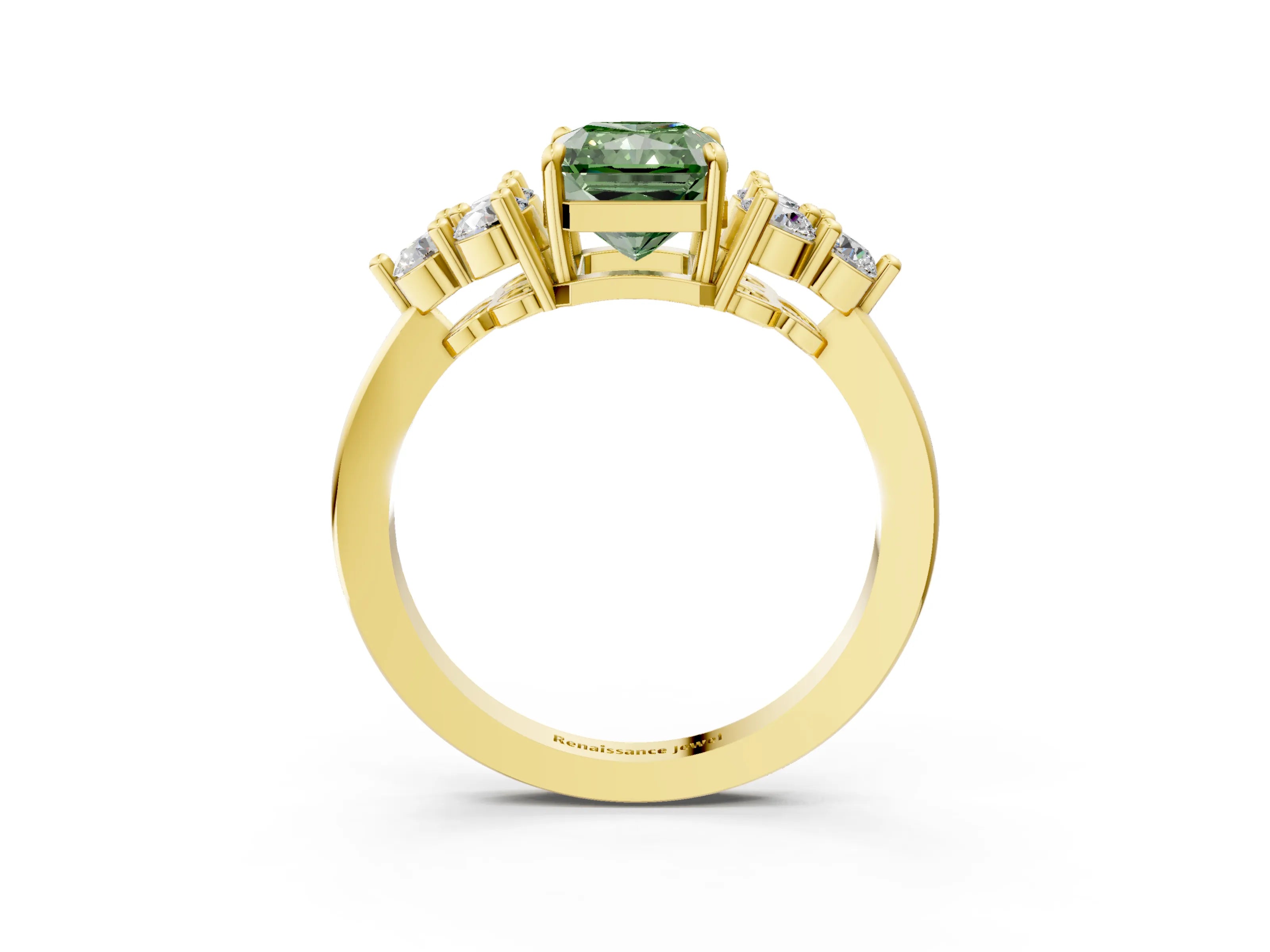 Yellow gold Fancy Green Radiant Cut Brilliant Diamond Cluster Accent Solitaire Ring with Prong Setting_3