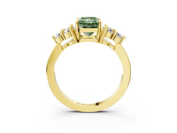 Yellow gold Fancy Green Radiant Cut Brilliant Diamond Cluster Accent Solitaire Ring with Prong Setting