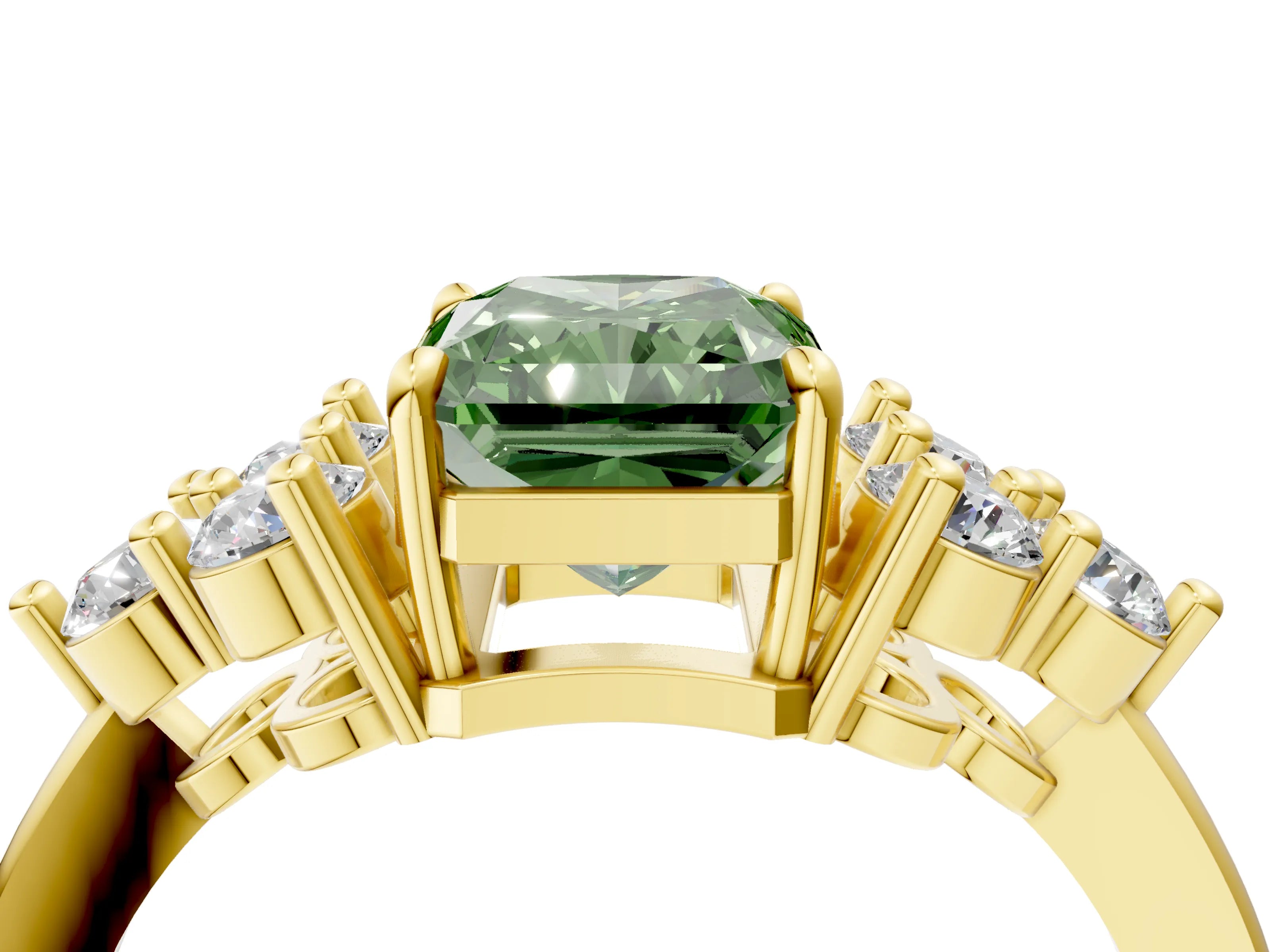 Yellow gold Fancy Green Radiant Cut Brilliant Diamond Cluster Accent Solitaire Ring with Prong Setting_4